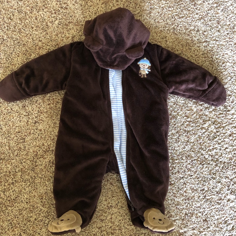 Baby snow suit full front zip hood hand flaps